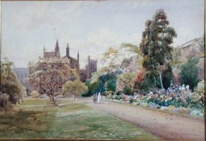 The long walk and flower border in May New College Oxford 1918