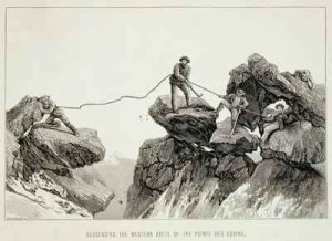 Descending the Western Arete of the Pointe des Ecrins from The Ascent of the Matterhorn engraved by Edward Whymper 1840-1911