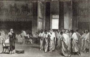 Appius Claudius persuading the Senate to reject Pyrrhus offer of Peace from Leisure Hour 1891