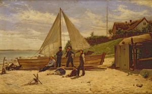 Fisherfolk by a beached sailing vessel