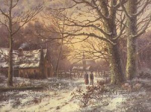 Figures on a path before a village in winter