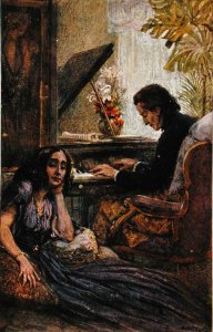 Postcard depicting George Sand 1804-76 listening to Frederic Chopin 1810-1849 play the piano