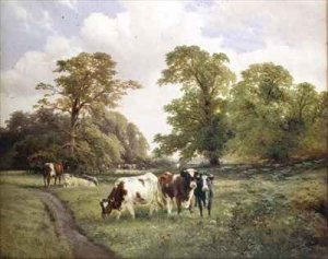 Cattle Grazing by a Path in a Wooded Landscape