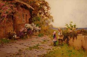 Two Children with a Rabbit Outside a Cottage by the Sea