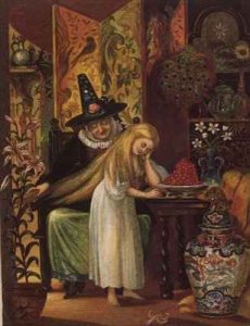 The Old Witch combing Gerdas hair with a golden comb to cause her to forget her friend in 'The Snow Queen from Hans Christian Andersens Fairy Tales