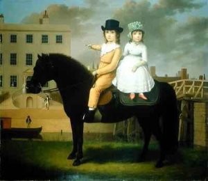 Two Children Seated On A Black Pony