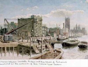 Riverside View of the Wharves between Lambeth Bridge and the Houses of Parliament