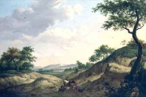 A wooded landscape with herdsmen and animals on a rock