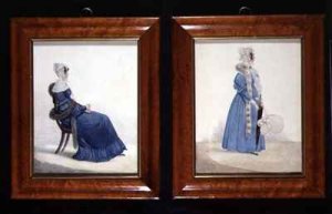 Two portraits of a Seated and a Standing Lady in Blue Dresses