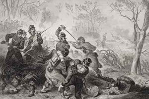 Death of Colonel Edward D Baker 1811-61 at the Battle of Balls Bluff Virginia