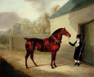 A Carriage Horse and a Groom at a Stable