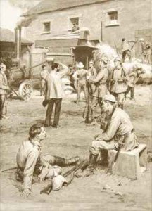 Germans forcing a French farmer to thresh his corn for their benefit