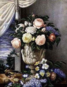 Flowers in a vase on a stone ledge