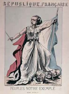 Personification of the French Republic as Louise Michel 1830-1905 trampling on the heads of Louis Adolphe Thiers 1797-1877 and Napoleon III 1808-73