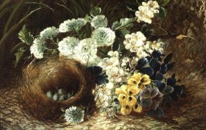 A Still Life of Flowers and a Birds Nest on a Mossy Bank