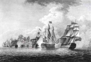 H.M.S.'Victory' bearing up in order to rake the 'Salvador del Munde', sea fight off Cape St. Vincent in 1797