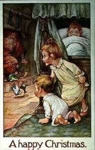 Postcard depicting Father Christmas and the Children's Stockings