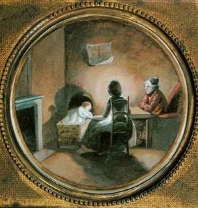 Two Seated Women with a Child in a Cot