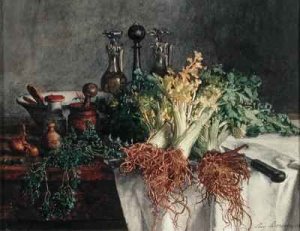 Still Life on Kitchen Table with Celery, Parsley, Bowl and Cruets