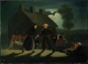 The meeting of Wellington (1769-1852) and Blucher (1742-1819) at La Belle Alliance after the Battle of Waterloo