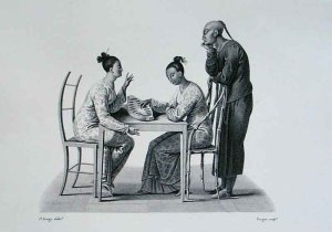 Chinese playing Tchonka in Coupang, Timor, from 'Voyage Autour du Monde sur les Corvettes de L'Uranie 1817-20'