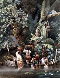 Philippino Women Washing Beneath a Banana Tree