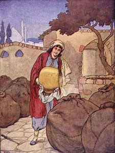 Morgiana Kills the Hidden Thieves by Pouring Boiling Oil on Them, scene from Ali Baba from 'My Nursery Story Book'