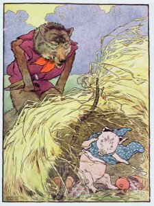 'So he huffed and he puffed till he blew the house of straw in', illustration from 'The Three Little Pigs'