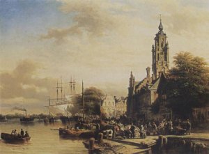 Numerous townsfolk on a quay, Middelburg 1852