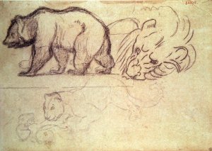 A bear walking, the head of a lion and a leopard attacking an animal