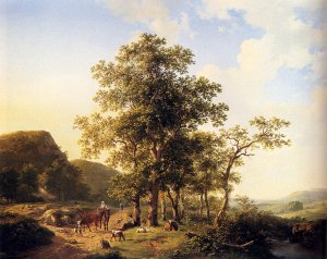 Wooded landscape with peasants and animals