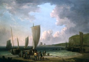 A coastal landscape with fishermen unloading