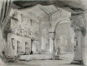 Set design of the palace interior for a performance of the opera 'Macbeth'