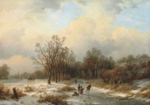 A sunlit winter landscape with villagers on a frozen waterway