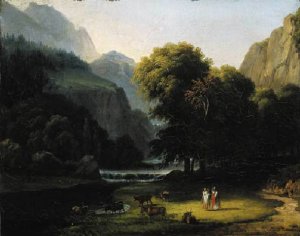 A wooded river landscape with Apollo and Mercury